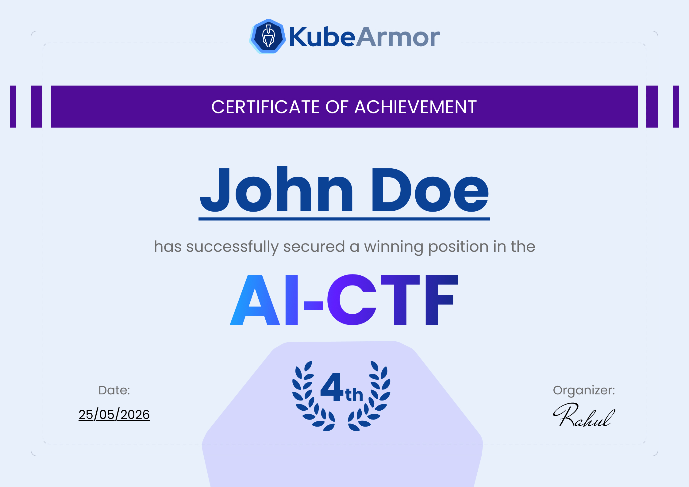 KubeArmor AI-CTF Certificate of Achievement template with rank